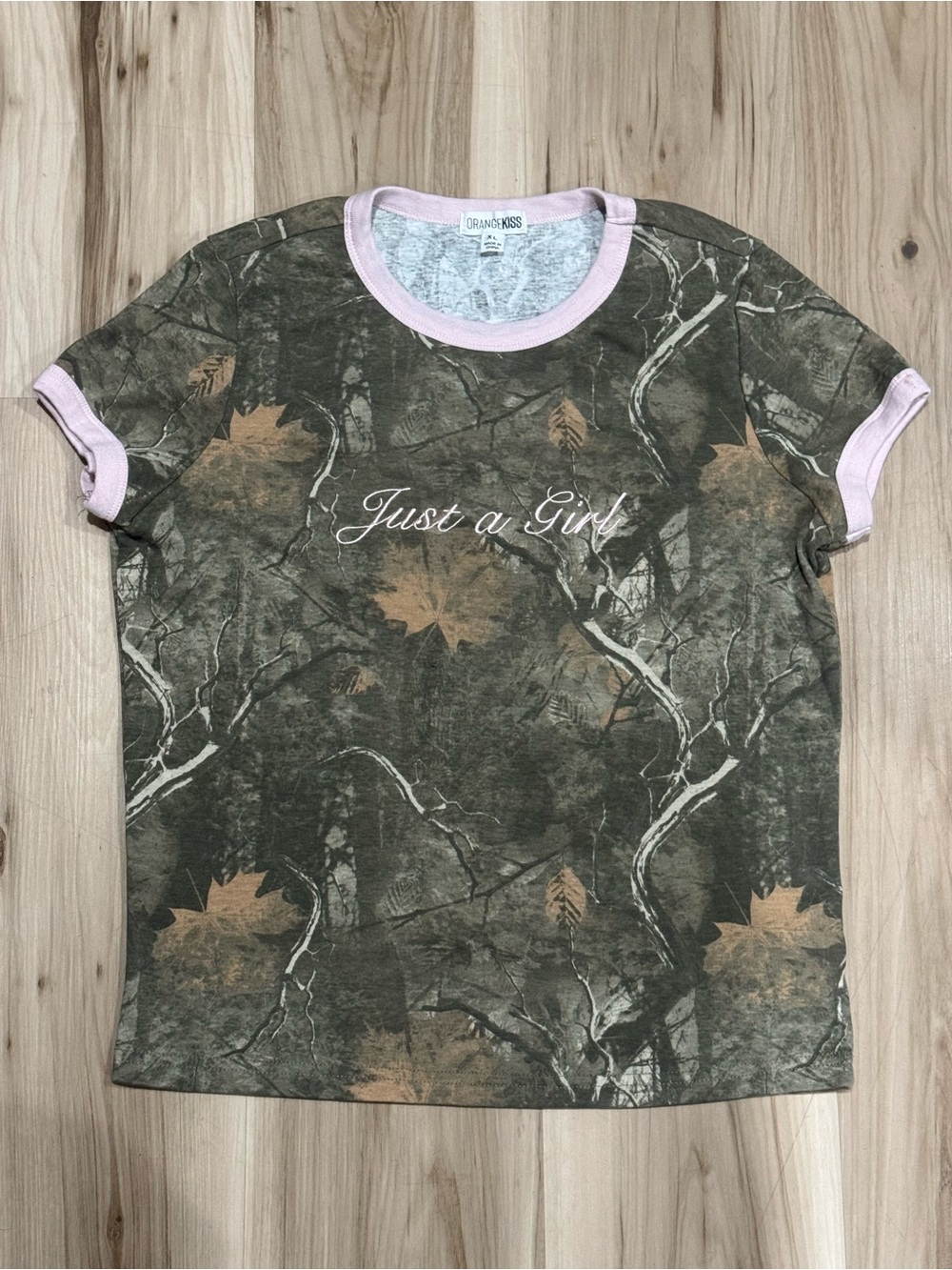 Orange Kiss Just A Girl Camo Baby Tee Shirt Women’s XL